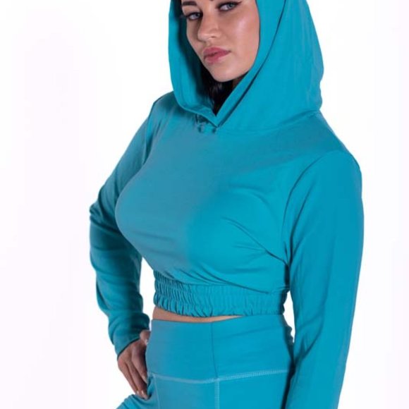 Long Sleeve Hoodie Turquoise Crop Top And High Waisted Legging Set - Picture 5 of 7